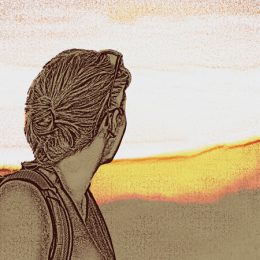Poster van de adventsretraite. Een vrouw kijkt naar de horizon, een opkomende zon.