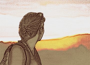 Poster van de adventsretraite. Een vrouw kijkt naar de horizon, een opkomende zon.